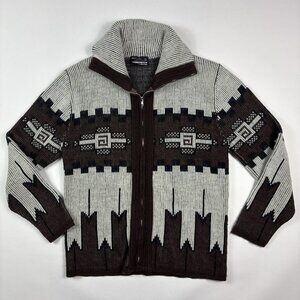 Vintage 70s Women’s Cardigan Sweater L Aztec Print Brown Dimensions Hippie Boho
